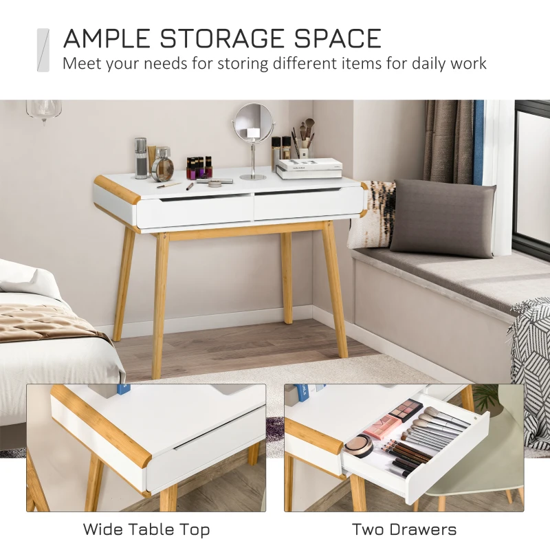 HOMCOM 2 Drawer Dressing Vanity Table with Wood Legs Dresser Makeup Desk for Home Bedroom, Natural Wood Colour White
