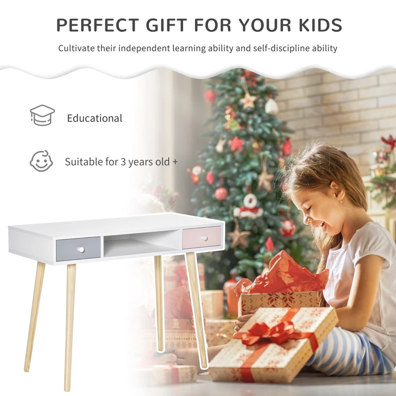 HOMCOM Kids Wooden Study Table Writing Desk with Drawer Ergonomic 39" x 19" x 30" White and Pink