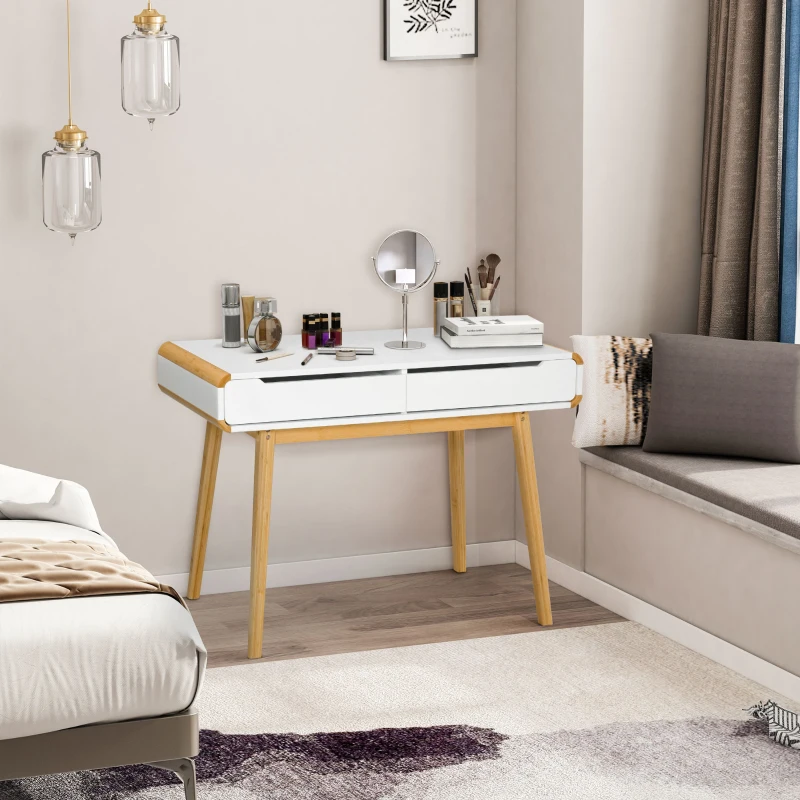 HOMCOM 2 Drawer Dressing Vanity Table with Wood Legs Dresser Makeup Desk for Home Bedroom, Natural Wood Colour White