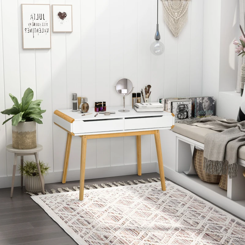 HOMCOM 2 Drawer Dressing Vanity Table with Wood Legs Dresser Makeup Desk for Home Bedroom, Natural Wood Colour White