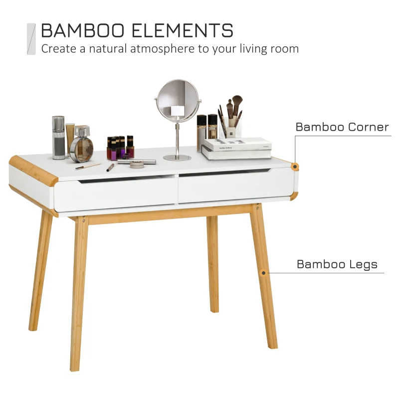HOMCOM 2 Drawer Dressing Vanity Table with Wood Legs Dresser Makeup Desk for Home Bedroom, Natural Wood Colour White