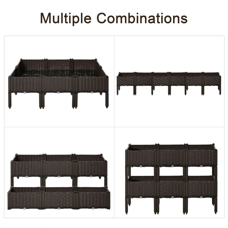 Outsunny 6pcs PP Garden Raised Bed 40Lx40Wx44H cm Self-Watering Design Free Combination Grow Box for Patio Yard Brown