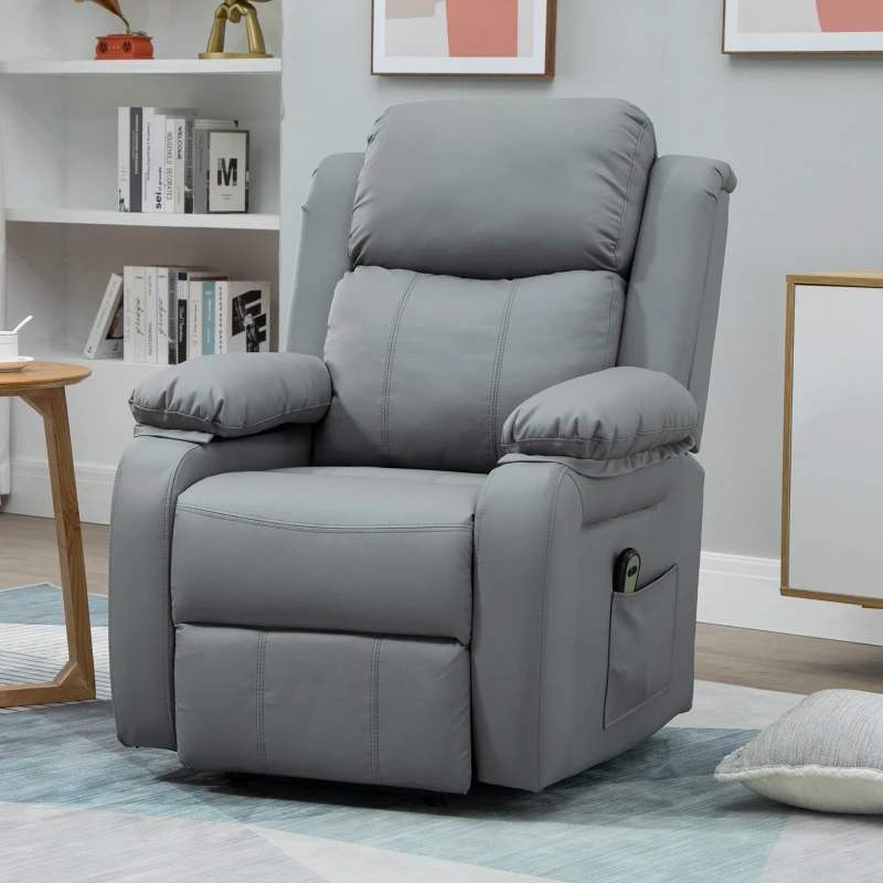 HOMCOM Poltrona Relax Levanta Pessoas com Controle Remoto Reclinação Elétrica de 160° Apoio para os Pés Encosto Estofado em PU e Bolsos Laterais 76x90x105cm Cinza