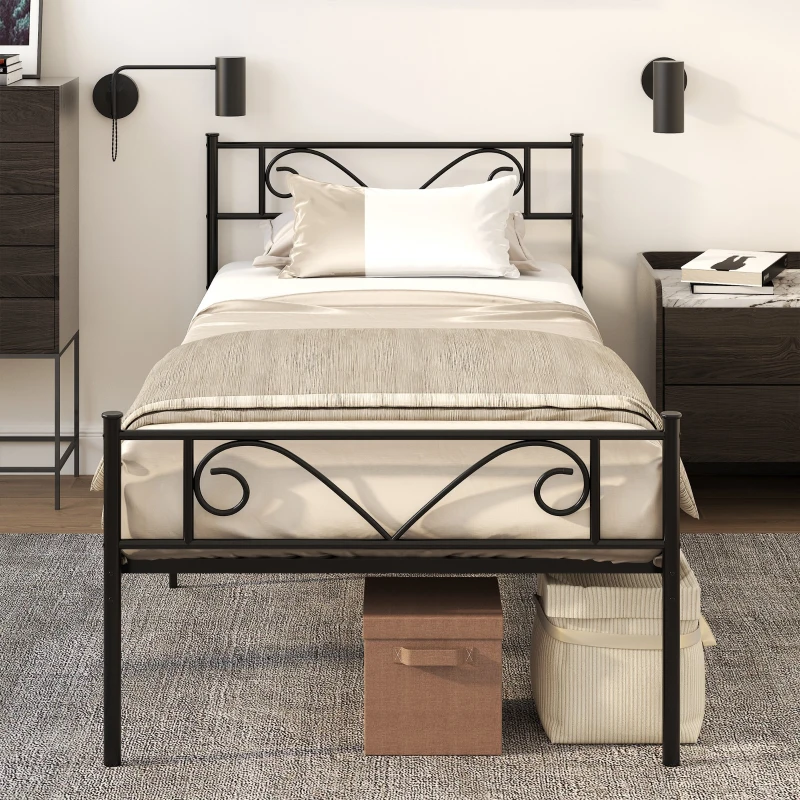 HOMCOM Estrutura de Cama Individual de Metal 31cm para Colchão 90x190cm com Cabeceira com Forma de Mariposa Estrutura de Cama com Espaço em Baixo de Armazenamento 95x196x100cm Preto