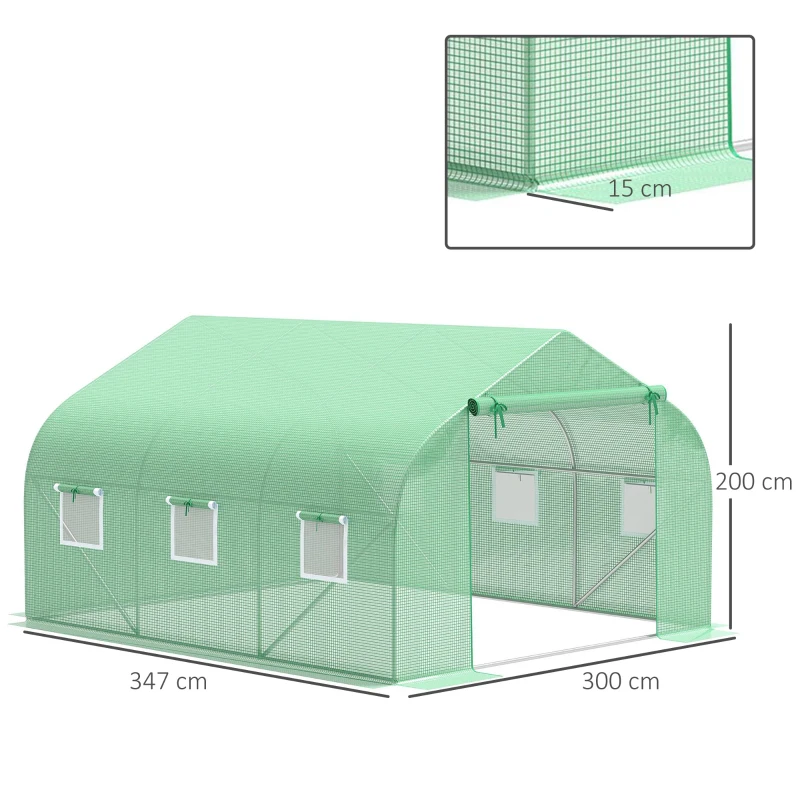 Outsunny Cobertura de Substituição Estufa de Túnel 347x300x200cm Polietileno com 6 Janelas de Malha Transpirável e Porta Enrolável Proteção de Plantas para Jardim Verde