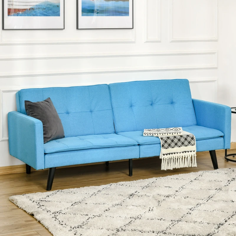 HOMCOM Sofá Cama de 3 Lugares Estofado em Tecido com Encosto Ajustável em 3 Posições e Pés de Madeira Sofá Moderno para Sala de Estar Escritório 198x81x81cm Azul