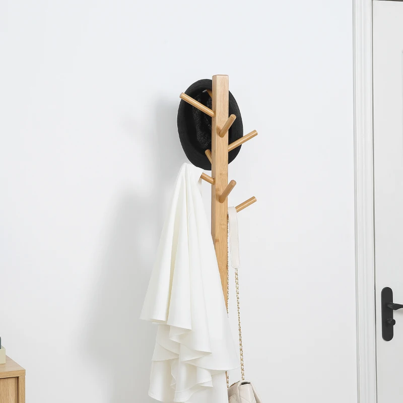 HOMCOM Cabide de Pé de Bambu com Banco Gaveta de Tecido e 8 Ganchos para Pendurar Roupa Bolsas Casacos para Entrada Sala de Estar Corredor 35x35x177cm Natural