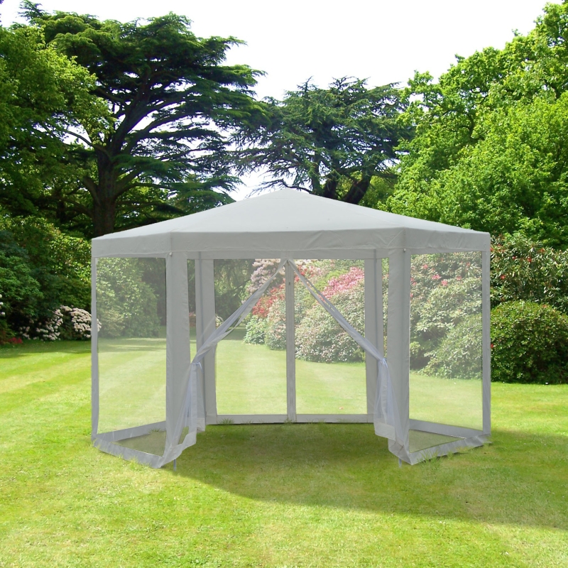 Outsunny Netting Gazebo Hexagon Tent Patio Canopy Outdoor Shelter Party Activities Shade Water Resistant (Creamy White)