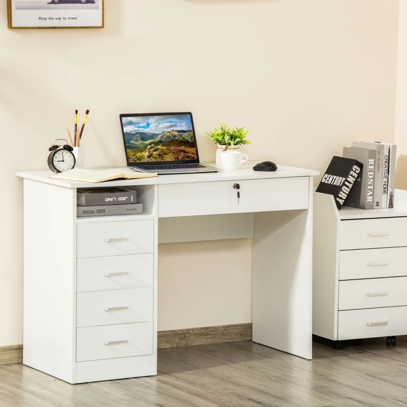 HOMCOM Computer Desk, Home Office Desk with Lockable Drawer, Storage Shelf for Study Bedroom, 110 x 50 x 76 cm, White