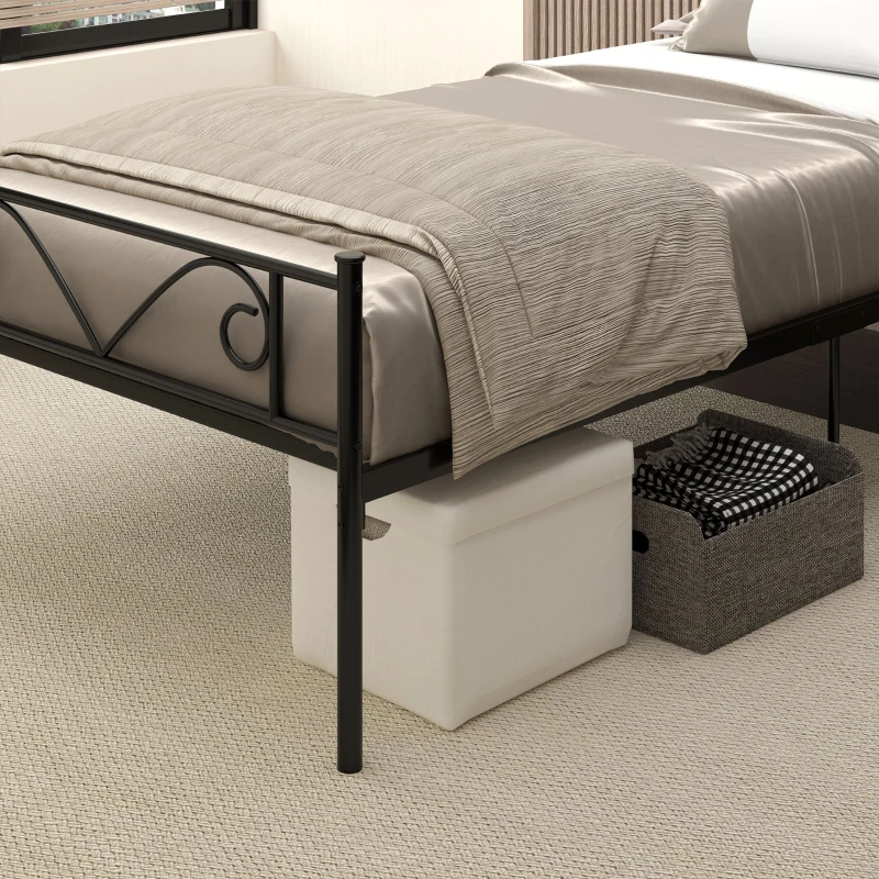 HOMCOM Estrutura de Cama Individual de Metal 31cm para Colchão 90x190cm com Cabeceira com Forma de Mariposa Estrutura de Cama com Espaço em Baixo de Armazenamento 95x196x100cm Preto
