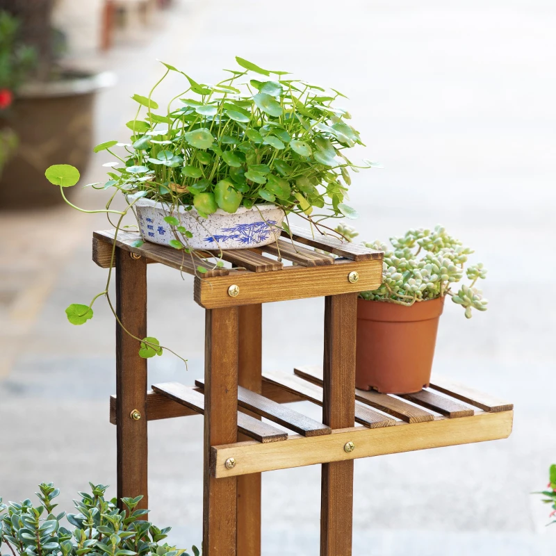Outsunny Suporte de Madeira para Flores Estante Decorativa para Vasos de Plantas com 6 Prateleiras Interior e Exterior para Jardim Balção Terraço 98x28x96,5cm Natural