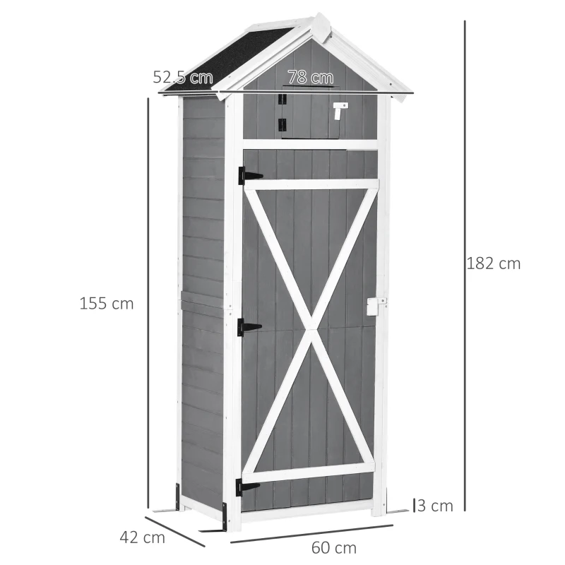Outsunny Garden Wood Storage Shed with Workstation, Hooks and Ground Nails Multifunction  Lockable Sheds & Outdoor Storage Asphalt Roof Tool Organizer, 182 x 78 x 52.5cm, Grey