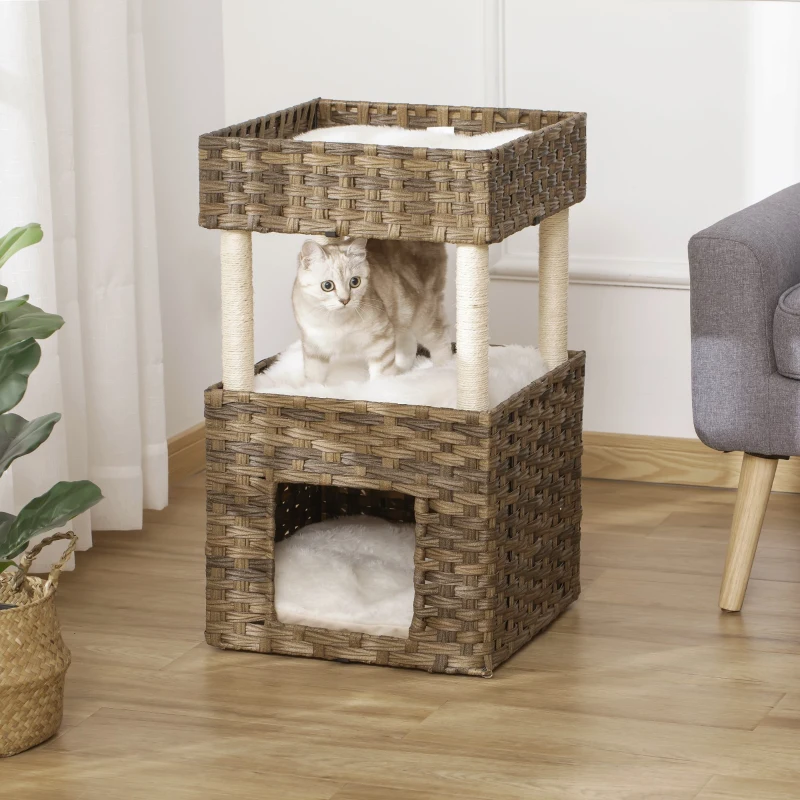 PawHut Árvore Arranhadora para Gatos de Vime Torre para Gatos Médios com Caverna 2 Camas Postes de Sisal Natural e Almofadas Laváveis de Pélucia Suave 40x40x70cm Marrom