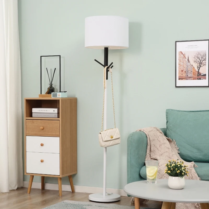 HOMCOM Candeeiro de Pé com Ganchos para Bolsa Chapéus Ecrã de PE Suporte para Lâmpada E27 Máx. 40W e Interruptor de Pé Moderno para Sala de Estar Dormitório Ø38x158cm Branco e Preto