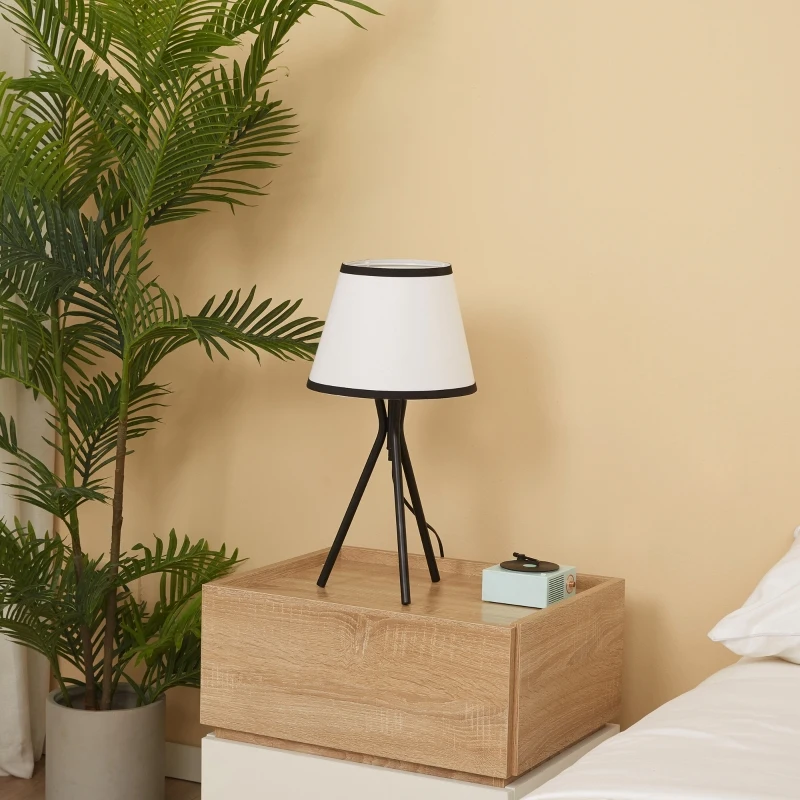 HOMCOM Candeeiro de Mesa com Tripé de Metal Candeeiro de Escritório com Ecrã de Tecido e Suporte para Lâmpada E27 Máx. 40W Estilo Moderno para Dormitórios Sala de Estar Ø25x50cm Branco e Preto