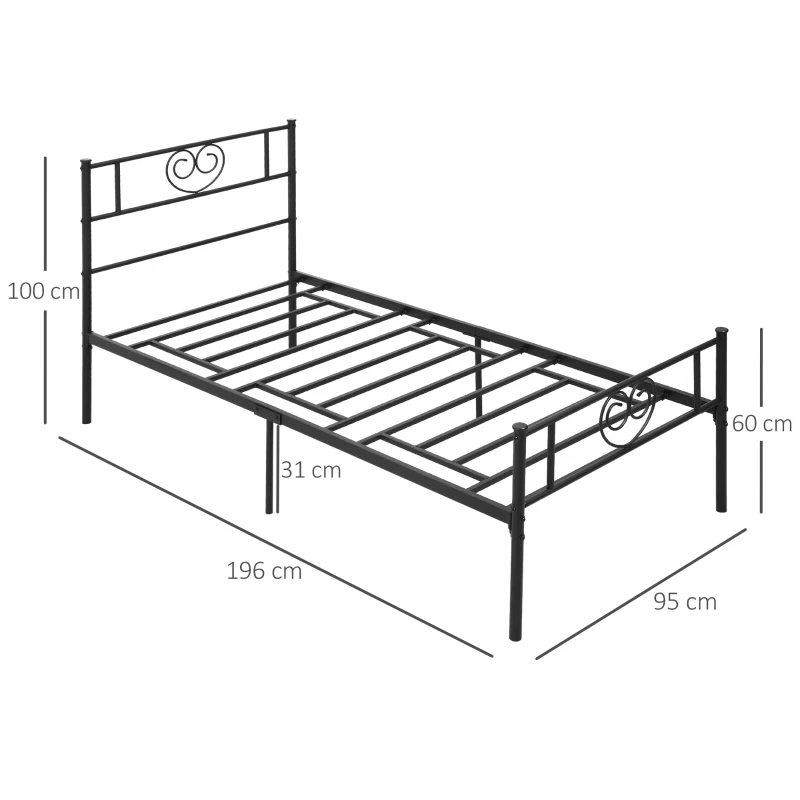 HOMCOM Estrutura de Cama Individual de Metal 31cm para Colchão 90x190cm com Cabeceira com Forma de Coração Estrutura de Cama com Espaço em Baixo de Armazenamento 95x196x100cm Preto