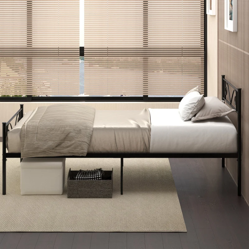 HOMCOM Estrutura de Cama Individual de Metal 31cm para Colchão 90x190cm com Cabeceira com Forma de Mariposa Estrutura de Cama com Espaço em Baixo de Armazenamento 95x196x100cm Preto