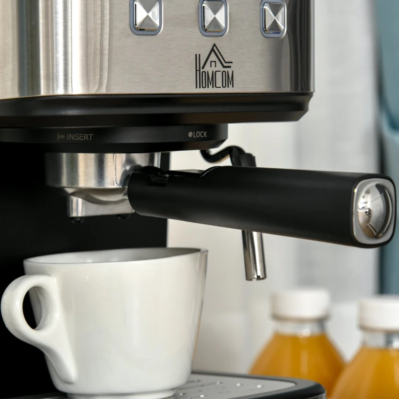 HOMCOM Cafeteira Semi Automática 850W de 15 Bar de Pressão com Depósito 1,5L Espumador de Leite para Espresso Capuccino Latte Macchiato Vaporizador Orientável 35,5x21x29cm Preto