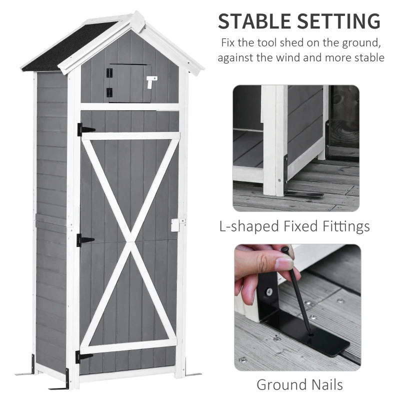 Outsunny Garden Wood Storage Shed with Workstation, Hooks and Ground Nails Multifunction  Lockable Sheds & Outdoor Storage Asphalt Roof Tool Organizer, 182 x 78 x 52.5cm, Grey