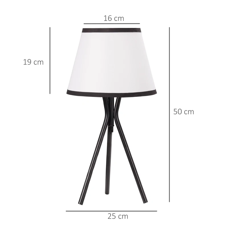 HOMCOM Candeeiro de Mesa com Tripé de Metal Candeeiro de Escritório com Ecrã de Tecido e Suporte para Lâmpada E27 Máx. 40W Estilo Moderno para Dormitórios Sala de Estar Ø25x50cm Branco e Preto