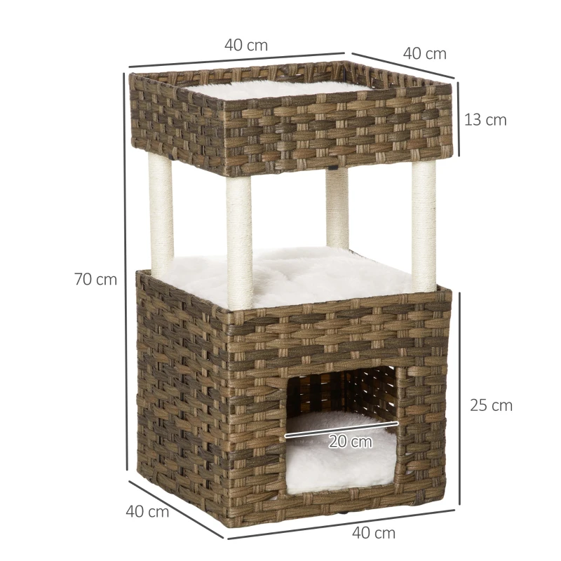PawHut Árvore Arranhadora para Gatos de Vime Torre para Gatos Médios com Caverna 2 Camas Postes de Sisal Natural e Almofadas Laváveis de Pélucia Suave 40x40x70cm Marrom