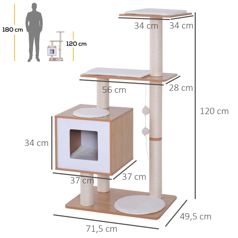 PawHut Árvore Arranhadora para Gatos de Madeira 71,5x49,5x120cm Torre para Gatos com Caverna Plataformas Postes Arranhadores de Sisal Almofadas de Pelúcia Suave e Bolas Suspensas Natural