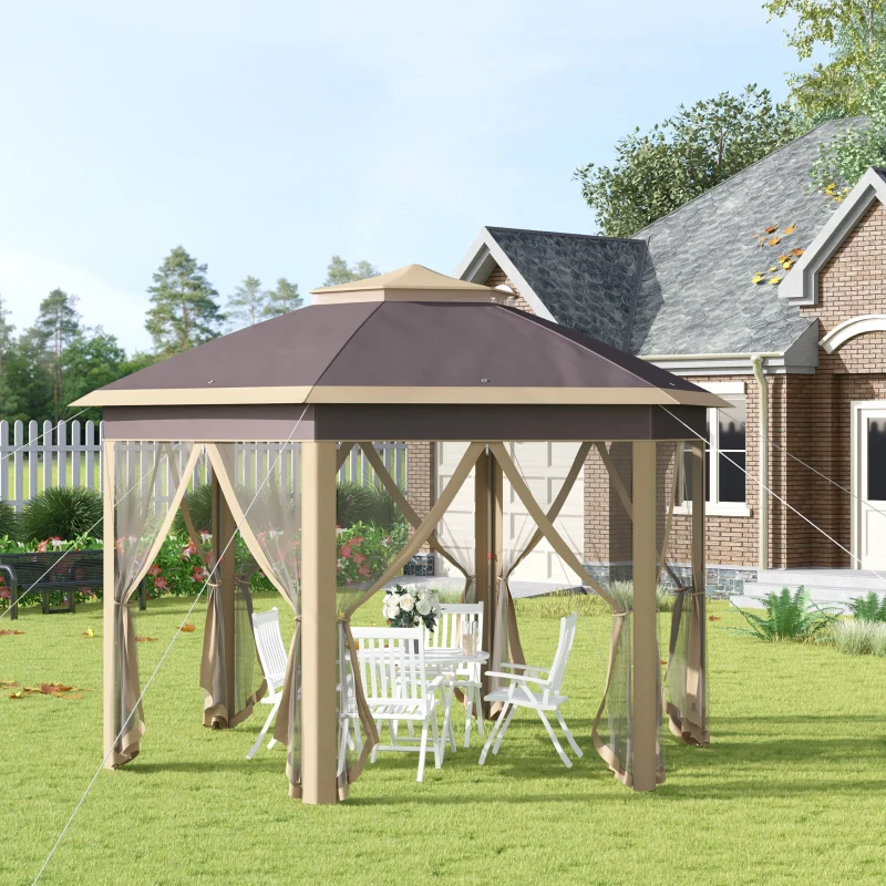 Outsunny Tenda Dobrável Exterior 4,05x3,4x2,85m com Altura Ajustável Pérgola de Jardim Hexagonal com Teto Duplo Mosquiteiras Removíveis e Bolsa de Transporte para Festas Bege