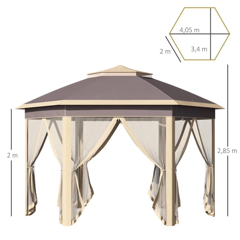 Outsunny Tenda Dobrável Exterior 4,05x3,4x2,85m com Altura Ajustável Pérgola de Jardim Hexagonal com Teto Duplo Mosquiteiras Removíveis e Bolsa de Transporte para Festas Bege