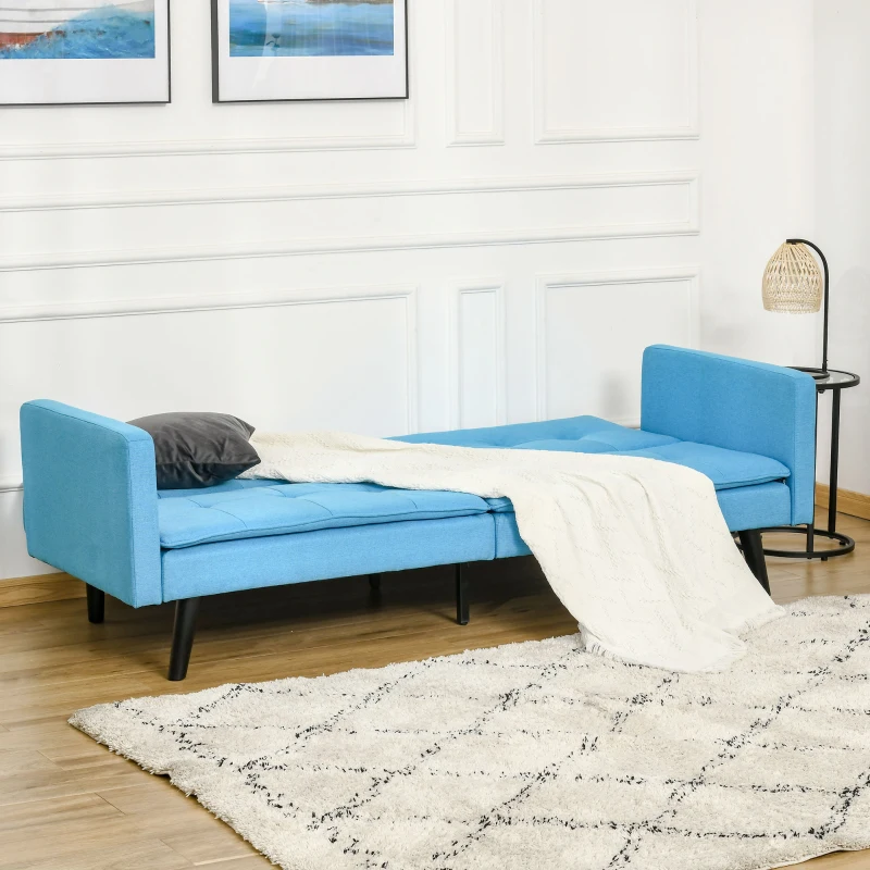 HOMCOM Sofá Cama de 3 Lugares Estofado em Tecido com Encosto Ajustável em 3 Posições e Pés de Madeira Sofá Moderno para Sala de Estar Escritório 198x81x81cm Azul