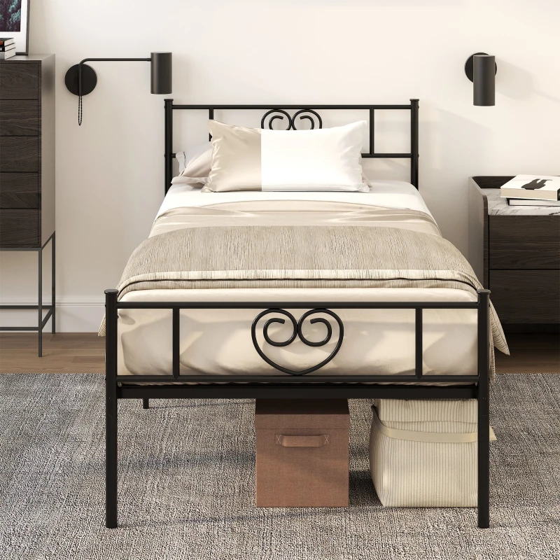 HOMCOM Estrutura de Cama Individual de Metal 31cm para Colchão 90x190cm com Cabeceira com Forma de Coração Estrutura de Cama com Espaço em Baixo de Armazenamento 95x196x100cm Preto