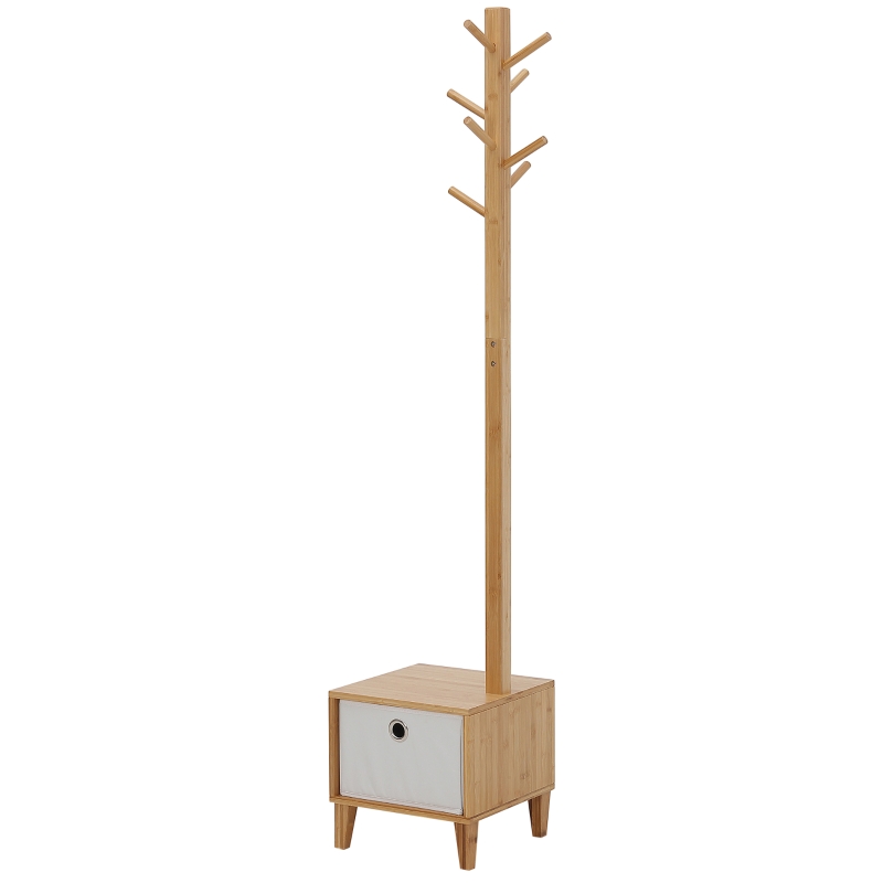HOMCOM Cabide de Pé de Bambu com Banco Gaveta de Tecido e 8 Ganchos para Pendurar Roupa Bolsas Casacos para Entrada Sala de Estar Corredor 35x35x177cm Natural