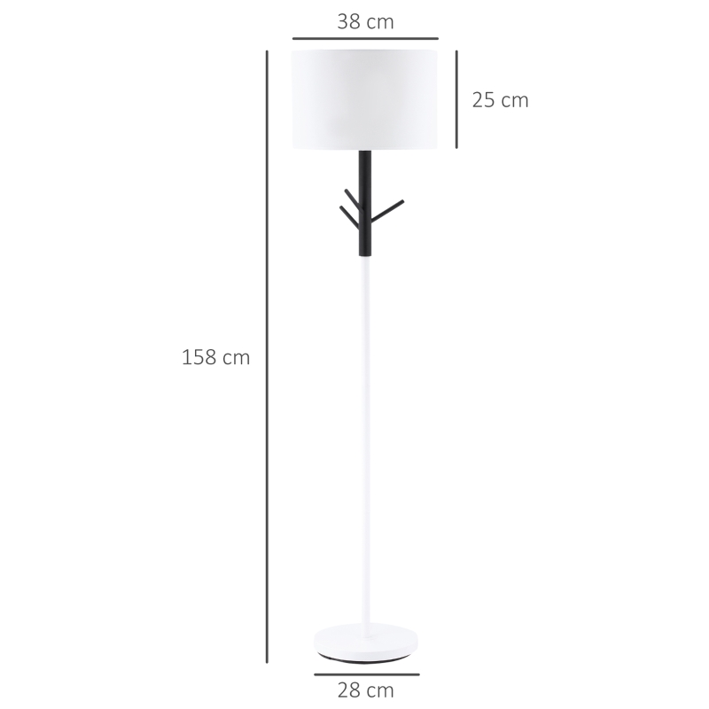 HOMCOM Candeeiro de Pé com Ganchos para Bolsa Chapéus Ecrã de PE Suporte para Lâmpada E27 Máx. 40W e Interruptor de Pé Moderno para Sala de Estar Dormitório Ø38x158cm Branco e Preto