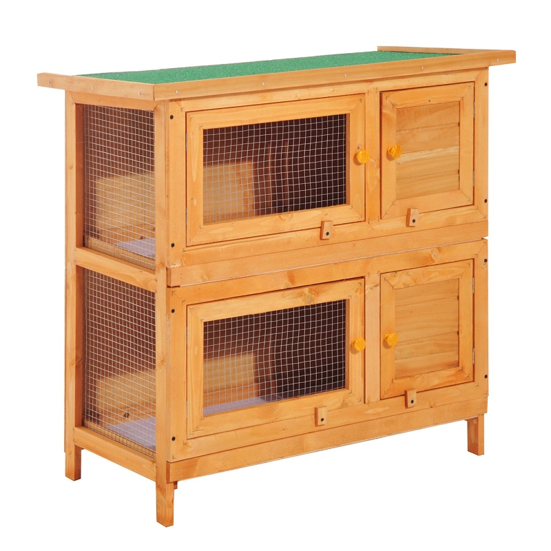 PawHut Coelheira de Madeira Exterior de 2 Níveis Gaiola para 1-2 Coelhos Animais Pequenos com Teto Asfáltico Dobrável e 2 Bandejas Removíveis 90x45x90cm Madeira