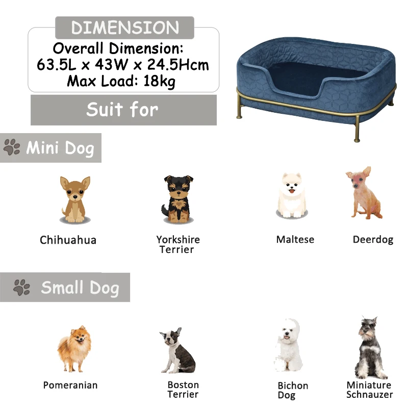 PawHut Pet Sofa Dog Bed Couch Cat Kitten Sponge Removable Cushion Lounge Metal Stand Elegant Bed Seat Furniture Blue 63.5 x 43 x 24.5 cm