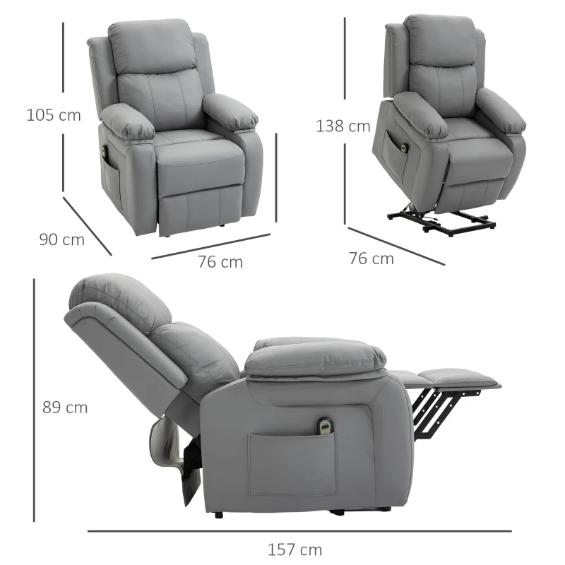 HOMCOM Poltrona Relax Levanta Pessoas com Controle Remoto Reclinação Elétrica de 160° Apoio para os Pés Encosto Estofado em PU e Bolsos Laterais 76x90x105cm Cinza