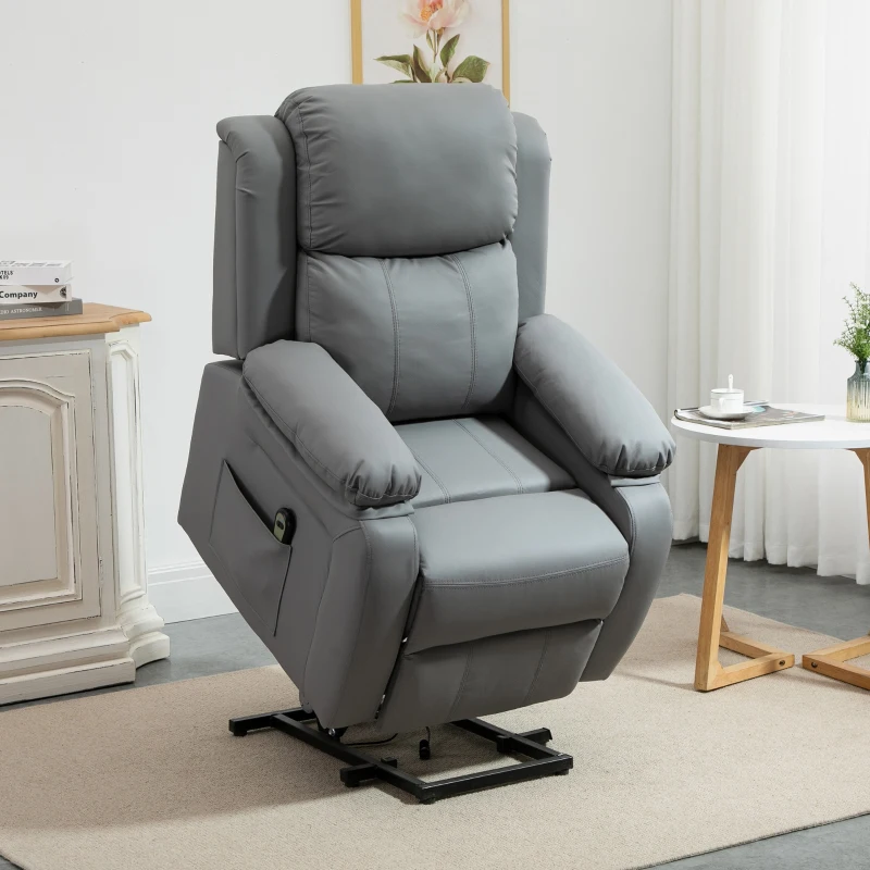 HOMCOM Poltrona Relax Levanta Pessoas com Controle Remoto Reclinação Elétrica de 160° Apoio para os Pés Encosto Estofado em PU e Bolsos Laterais 76x90x105cm Cinza
