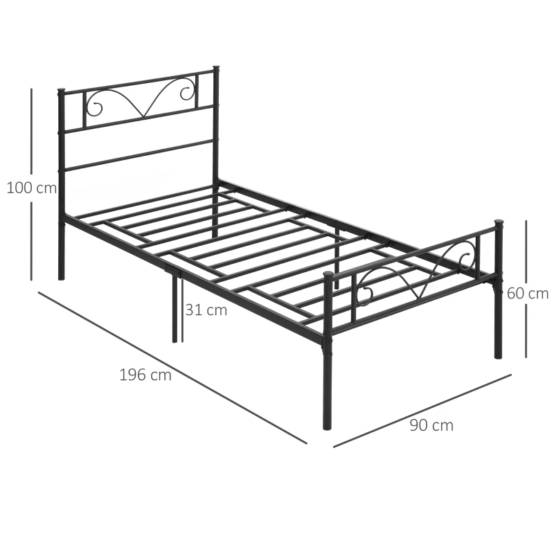 HOMCOM Estrutura de Cama Individual de Metal 31cm para Colchão 90x190cm com Cabeceira com Forma de Mariposa Estrutura de Cama com Espaço em Baixo de Armazenamento 95x196x100cm Preto