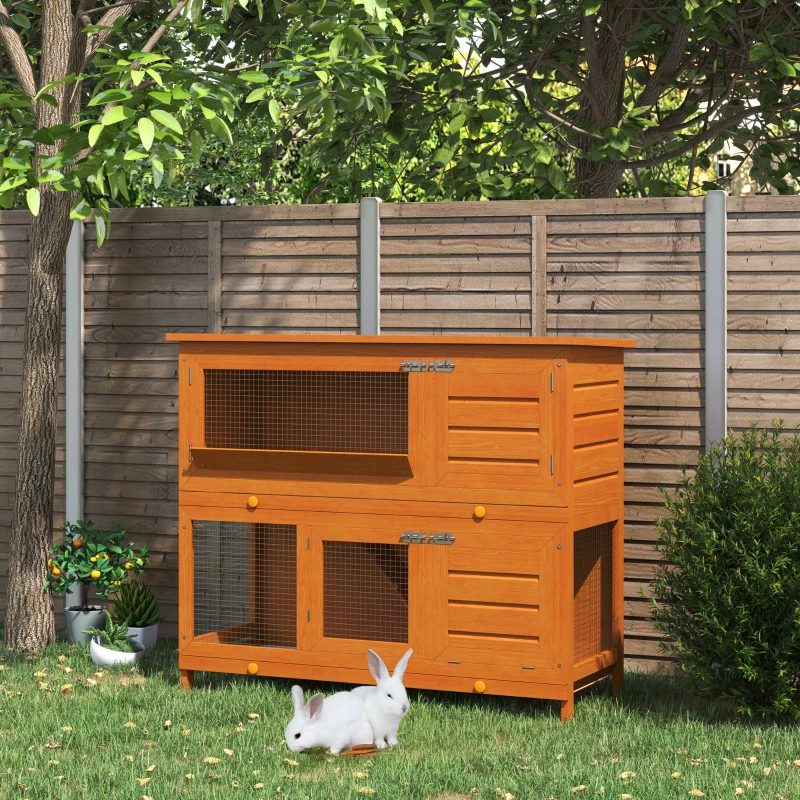 PawHut Coelheira de Madeira Exterior de 2 Níveis Gaiola para Coelhos com Teto Asfáltico Dobrável Rampa Portas e 2 Bandejas Removíveis 120x48x100cm Madeira
