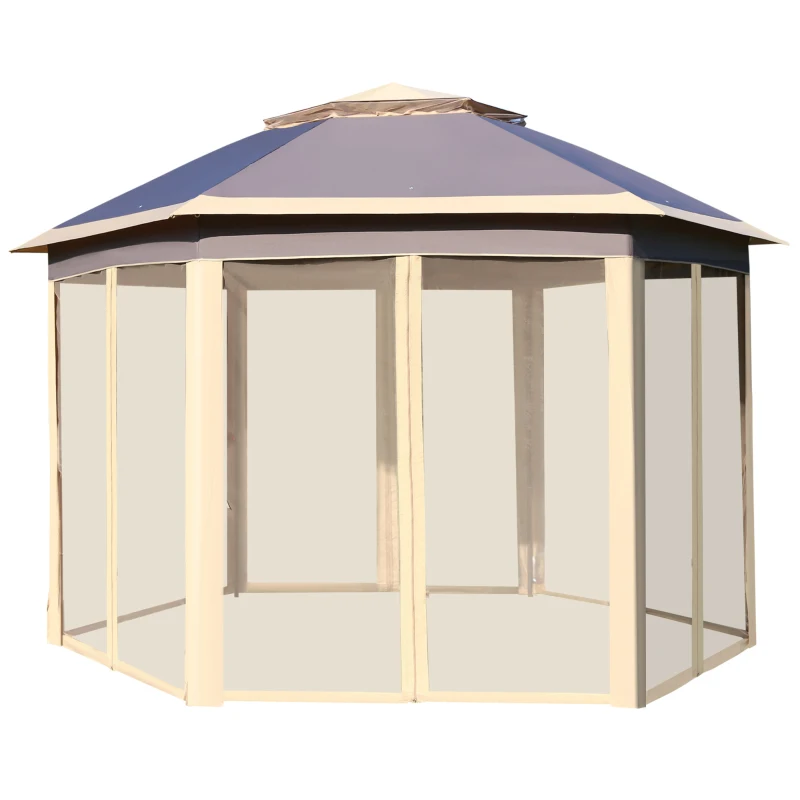 Outsunny Tenda Dobrável Exterior 4,05x3,4x2,85m com Altura Ajustável Pérgola de Jardim Hexagonal com Teto Duplo Mosquiteiras Removíveis e Bolsa de Transporte para Festas Bege