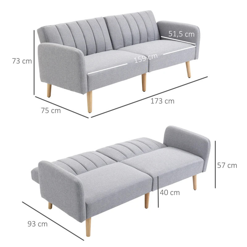 HOMCOM Sofá Cama de 2 Lugares com Encosto Ajustável em 3 Posições Apoio para os Braços Desmontável e Pés de Madeira Sofá Duplo Moderno para Sala de Estar Escritório 173x75x73cm Cinza