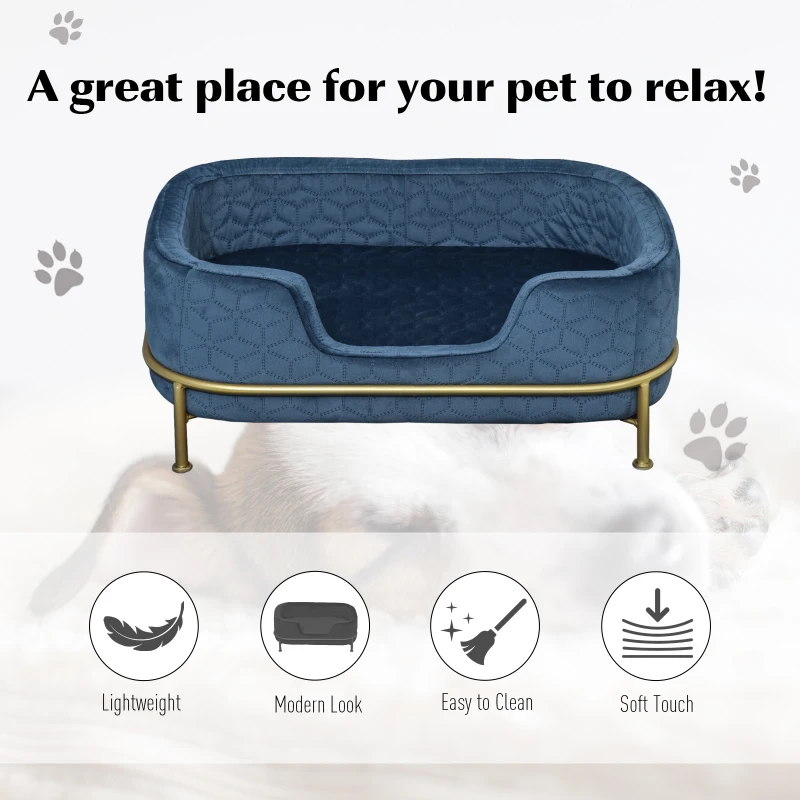 PawHut Pet Sofa Dog Bed Couch Cat Kitten Sponge Removable Cushion Lounge Metal Stand Elegant Bed Seat Furniture Blue 63.5 x 43 x 24.5 cm