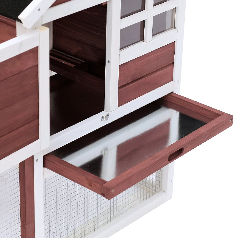 PawHut Coelheira de Madeira Exterior de 2 Níveis Gaiola para Coelhos Animais Pequenos com Zona Aberta Teto Asfáltico Bandeja Removível e Rampa 122x62,6x92cm Marrom Avermelhado