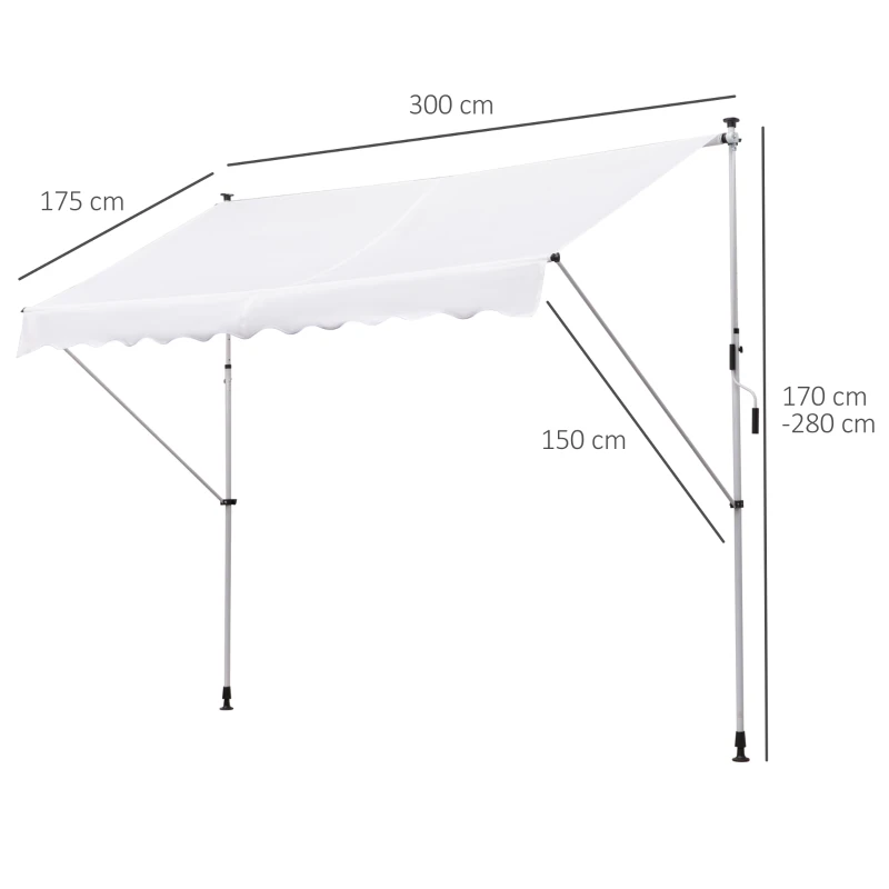 Outsunny Toldo Manual Retrátil para Exterior 300x150x170-280cm Toldo Enrolável Altura Ajustável com Manivela Proteção Solar para Terraço Balcão Jardim Branco