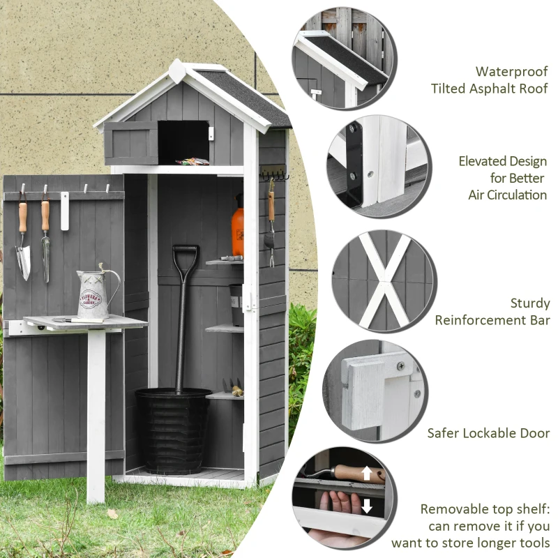 Outsunny Garden Wood Storage Shed with Workstation, Hooks and Ground Nails Multifunction  Lockable Sheds & Outdoor Storage Asphalt Roof Tool Organizer, 182 x 78 x 52.5cm, Grey
