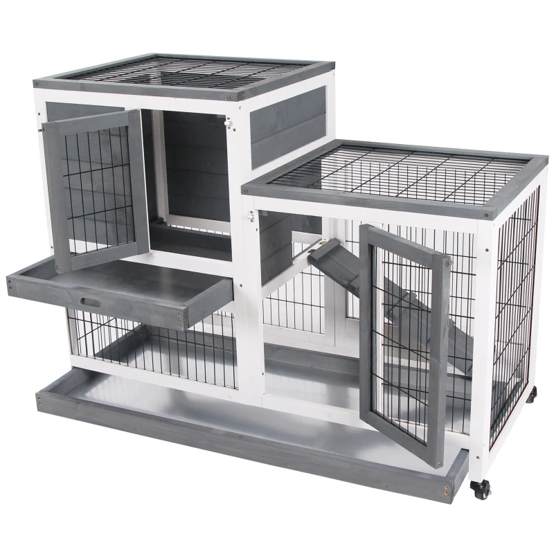 PawHut Coelheira de Madeira Interior com Rodas Gaiola para Coelhos Animais Pequenos de 2 Pisos com Zona Aberta Rampa e 2 Bandejas Removíveis 110x50x86cm Cinza