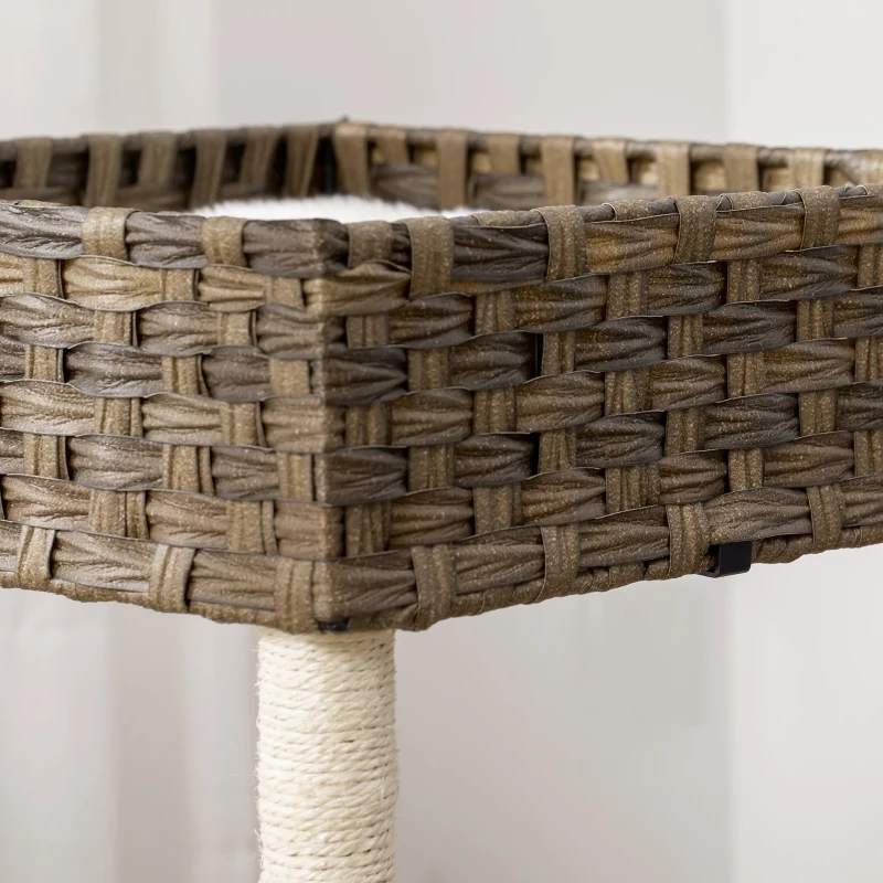 PawHut Árvore Arranhadora para Gatos de Vime Torre para Gatos Médios com Caverna 2 Camas Postes de Sisal Natural e Almofadas Laváveis de Pélucia Suave 40x40x70cm Marrom