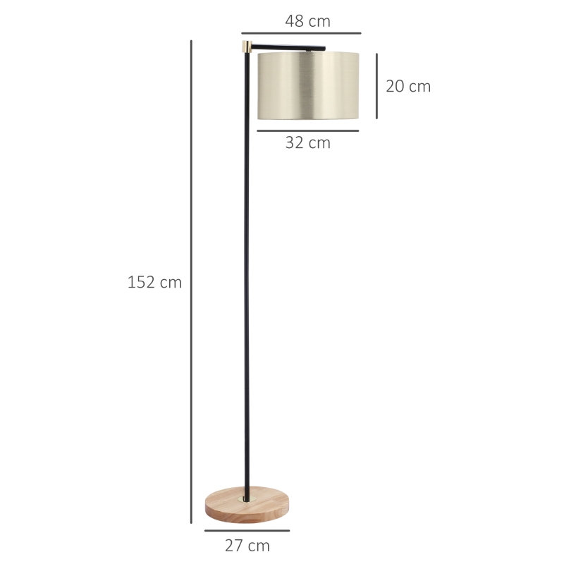 HOMCOM Candeeiro de Pé com Ecrã Suspenso de Tecido Suporte para Lâmpada E27 Máx 40W Base de Madeira e Interruptor de Pé para Sala de Estar Dormitório 48x32x152cm Dourado