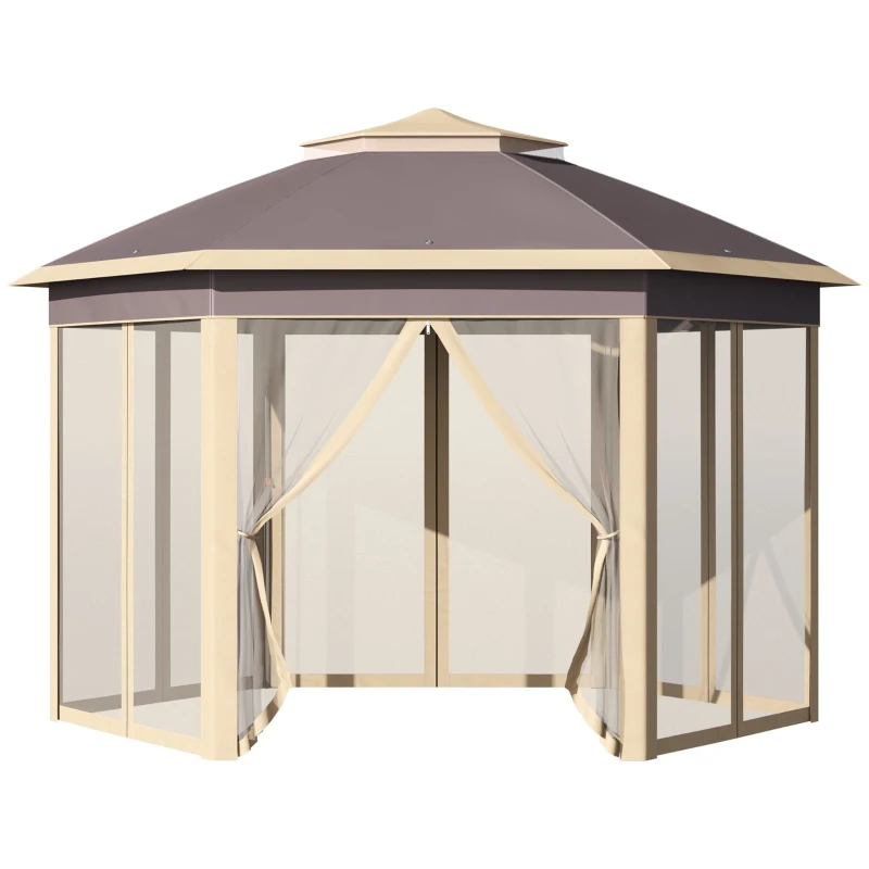 Outsunny Tenda Dobrável Exterior 4,05x3,4x2,85m com Altura Ajustável Pérgola de Jardim Hexagonal com Teto Duplo Mosquiteiras Removíveis e Bolsa de Transporte para Festas Bege