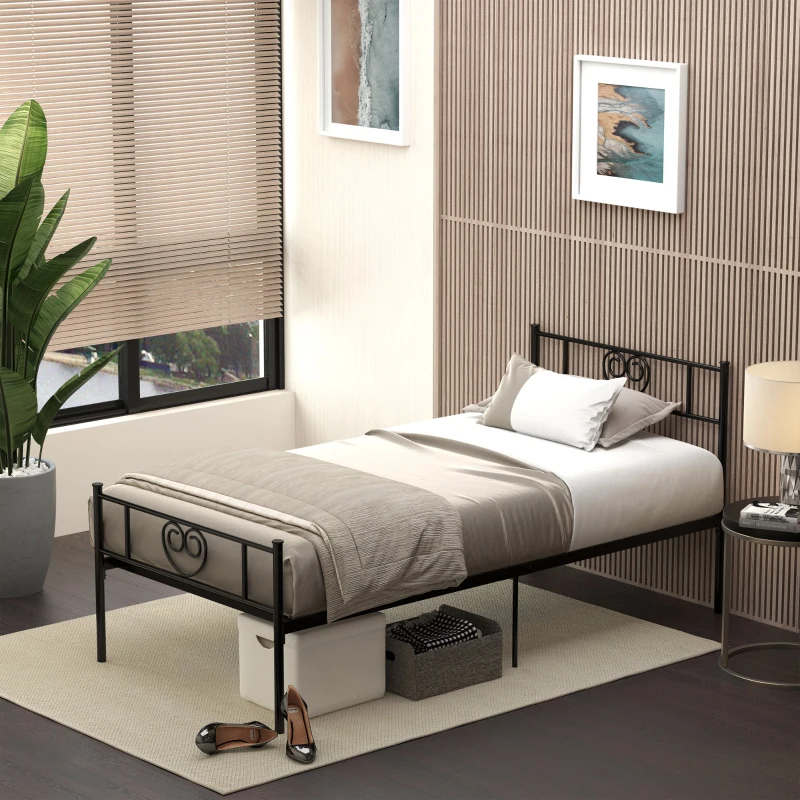 HOMCOM Estrutura de Cama Individual de Metal 31cm para Colchão 90x190cm com Cabeceira com Forma de Coração Estrutura de Cama com Espaço em Baixo de Armazenamento 95x196x100cm Preto