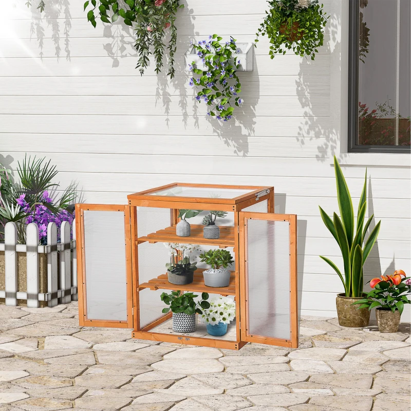 Outsunny Estufa de Jardim Estufa de Madeira e Painéis de Policarbonato com 3 Prateleiras Tampa e Portas para Plantas e Cultivos 58x44x78cm Madeira Natural